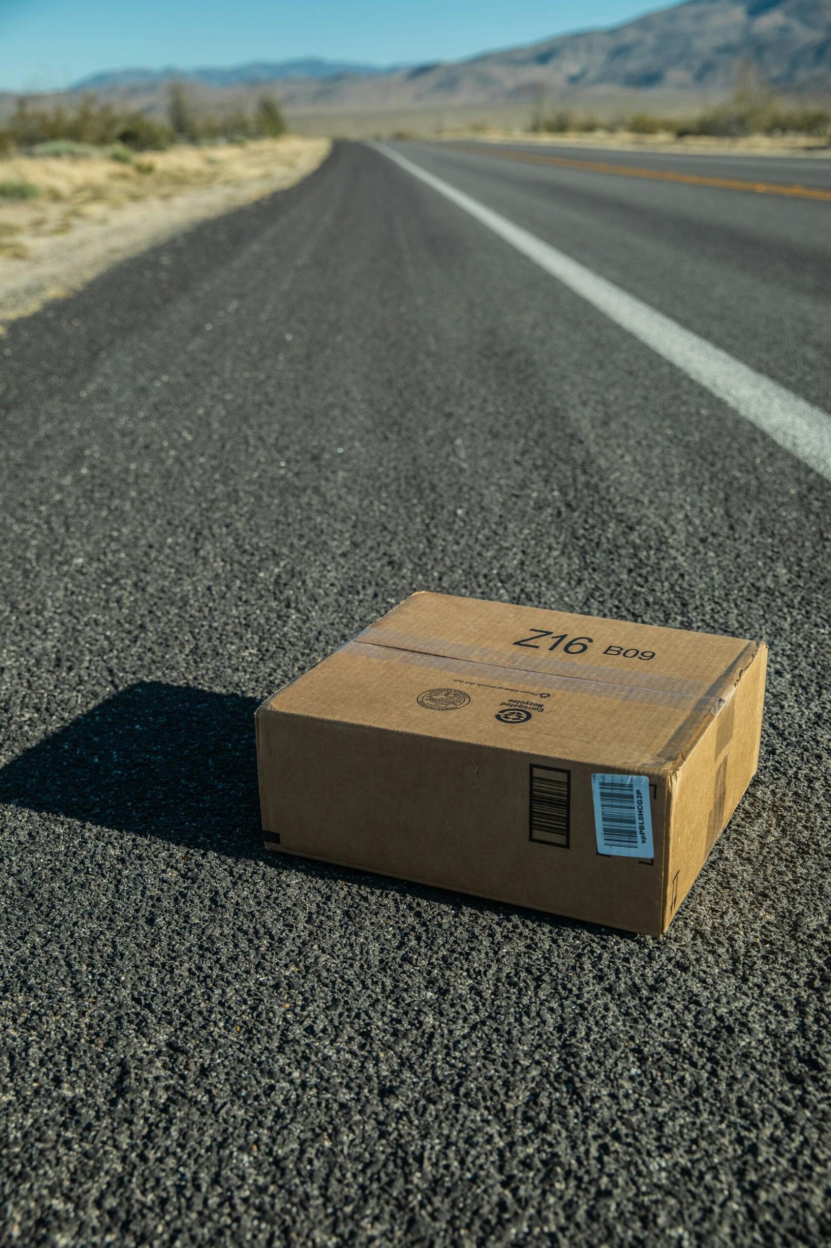 A cardboard box sits on a long, empty road stretching into the distance in a desert area.